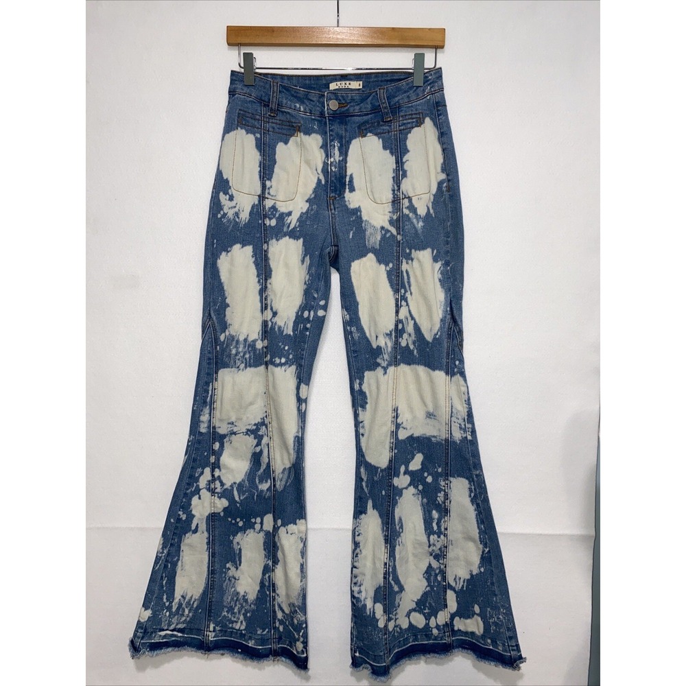 Luxe Moda Womens Bleach‎ Splatter Flare Jeans Blue White Tie Dye Raw Hem Size 8